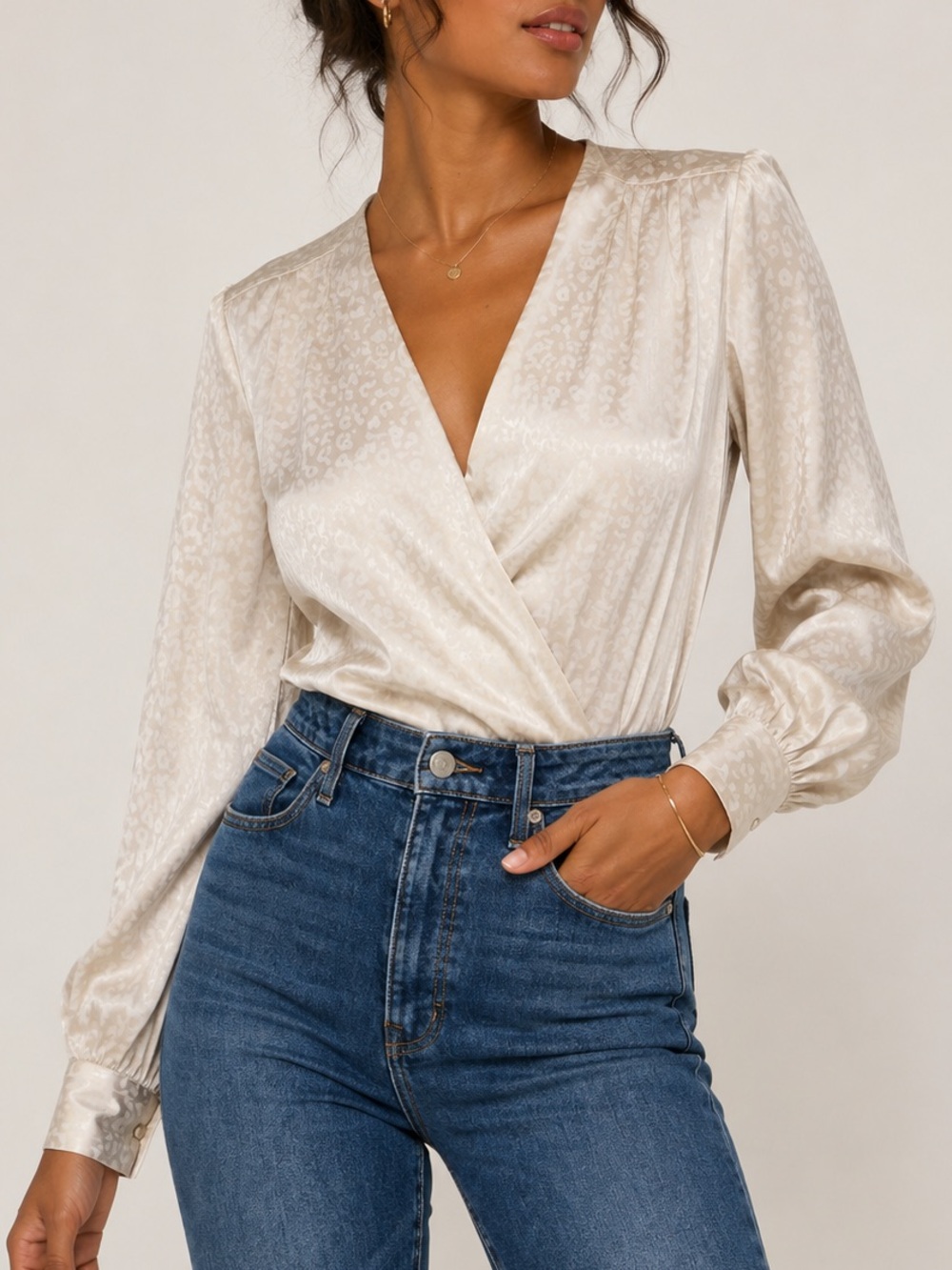 Abercrombie & Fitch satin wrap bodysuit in subtle leopard print XL